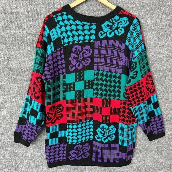 Vintage 80s Patchwork Sweater Womens M/L Colorful Relaxed Long Knit Pullover Top - Picture 4 of 15